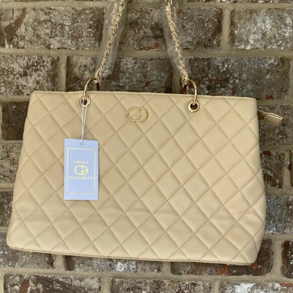 Grace Elizabeth Quilted Beige Tote Handbag NWT! - Picture 2 of 11